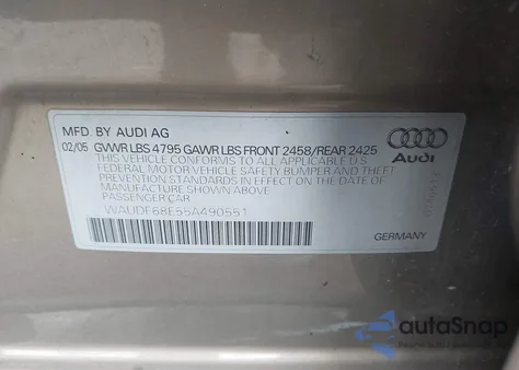 2005 Audi A4 2.0T из США, поврежденный, VIN WAUDF68E55A490551